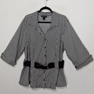 Ashley Stewart Black White Striped Belted Preppy Button Down Shirt Size 24